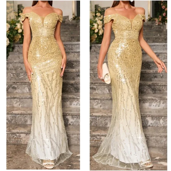 Ombre Sequin Off Shoulder Bodycon Party Formal Prom Wedding Dress - Picture 5 of 9
